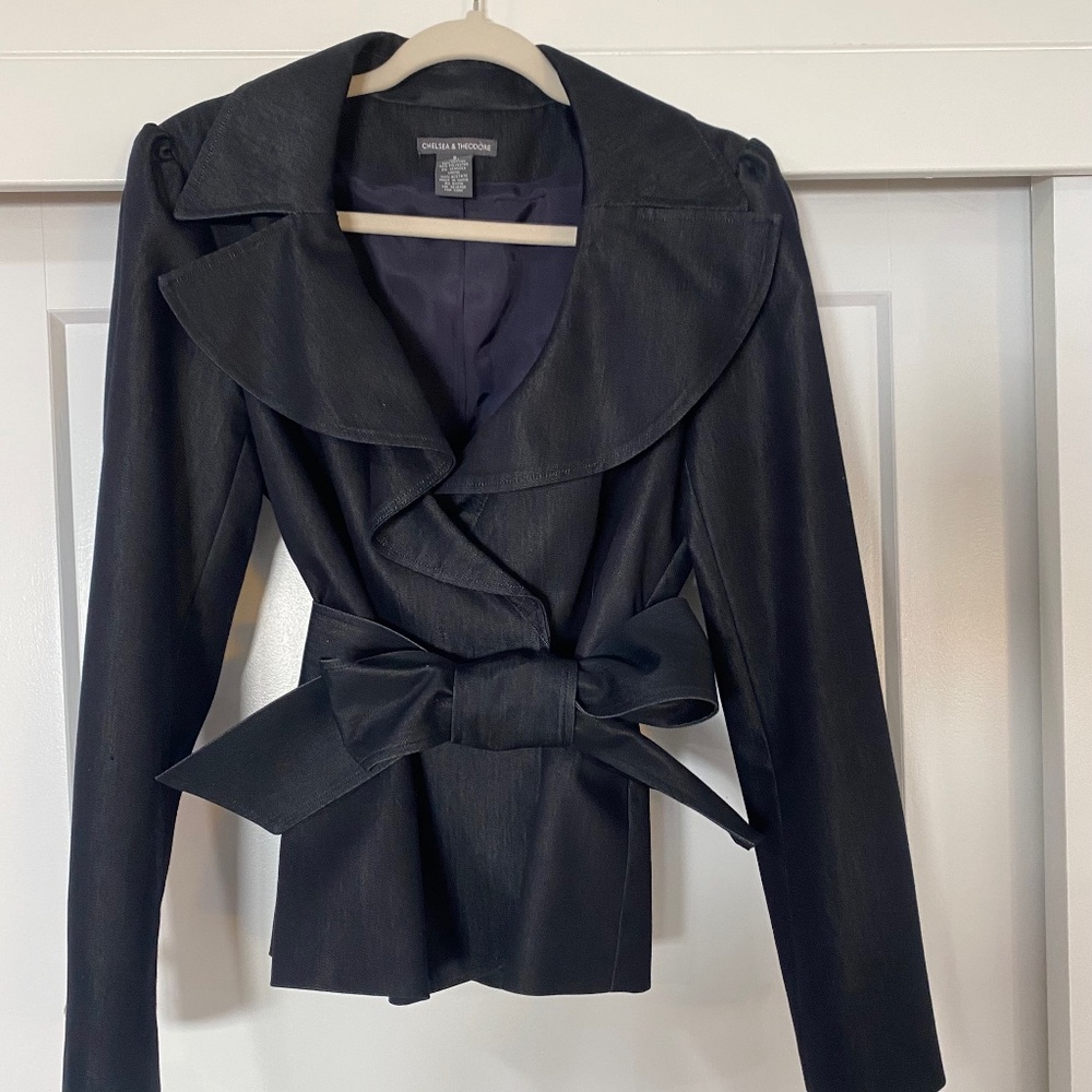 Chelsea and Theodore belted dark blue denim jacket